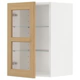Offener Schrank mit Holzrahmen und Glasböden auf weißem Hintergrund.