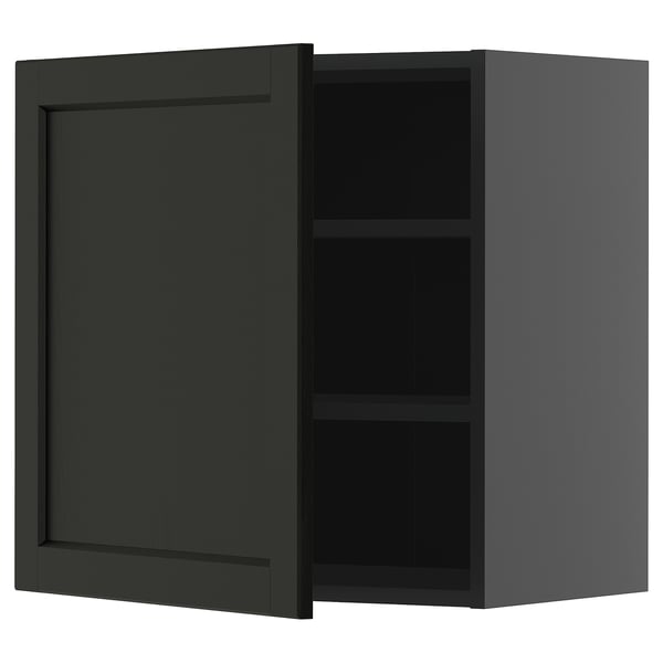 Dunkelgrüner Wandschrank mit einer Tür und zwei Einlegeböden.