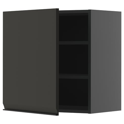 Moderner schwarzer Küchenschrank mit schlankem, grifflosem Design und zwei Regalen.