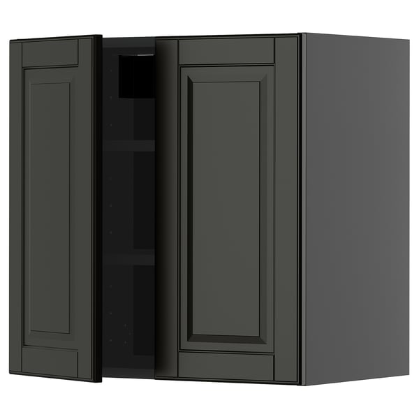 Schwarzer Küchenschrank mit offener Einzeltür, modernes Design, dunkelgraues Finish, rechteckige Form.
