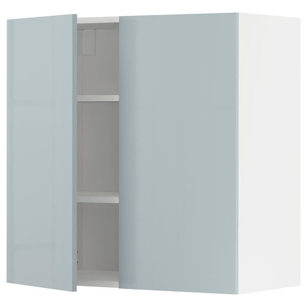 Hellblauer Küchenschrank, modernes Design, Hochglanz-Finish, rechteckige Form, mit einem sichtbaren Regal im Inneren.