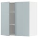 Hellblauer Küchenschrank, modernes Design, Hochglanz-Finish, rechteckige Form, mit einem sichtbaren Regal im Inneren.