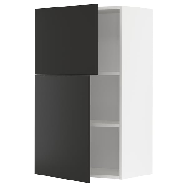 Moderner Küchenschrank, weiß mit schwarzen Türen, schlankem Design, verstellbaren Regalen.