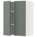 Ein grüner IKEA METOD Wandschrank mit grauem Interieur und verstellbaren Regalen. Es hat ein modernes Design mit einer glatten Oberfläche.