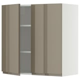 Moderner Küchenschrank in Hochglanzbeige mit schlanken Griffen und verstellbaren Regalen.