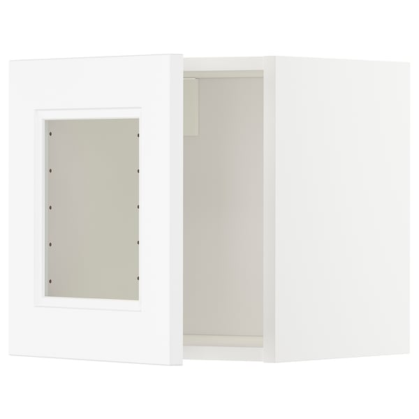 METOD weißer Wandschrank mit Glastür, moderne Einfachheit, robuster Rahmen, Front aus gehärtetem Glas.
