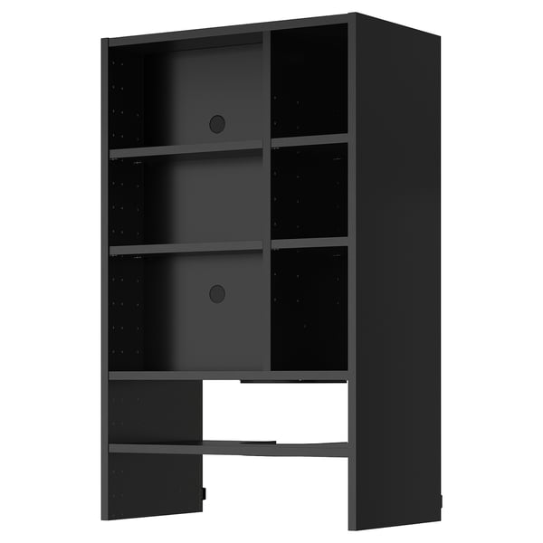 Schwarzer METOD-Wandschrank, schlankes Design, dunkle Farbe, quadratische Form, Melaminoberfläche, verstellbare Regale, 25 Jahre Garantie.