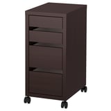MICKE dunkelbrauner fahrbarer Aktenschrank. Vier Schubladen, schwarze Rollen. Moderne, minimalistische Büroaufbewahrung.