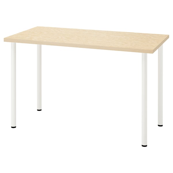 MITTCIRKEL Schreibtisch aus Holz: rechteckige, hellbeige Platte, weiße Beine, modernes minimalistisches Design.