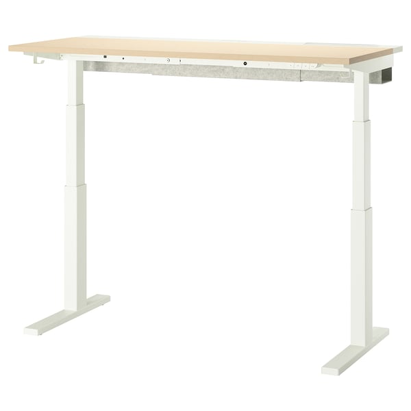 MITTZON heller Sitz-Steh-Schreibtisch mit verstellbarer Höhe, rechteckiger Platte, vier Beinen, minimalistischem Design.