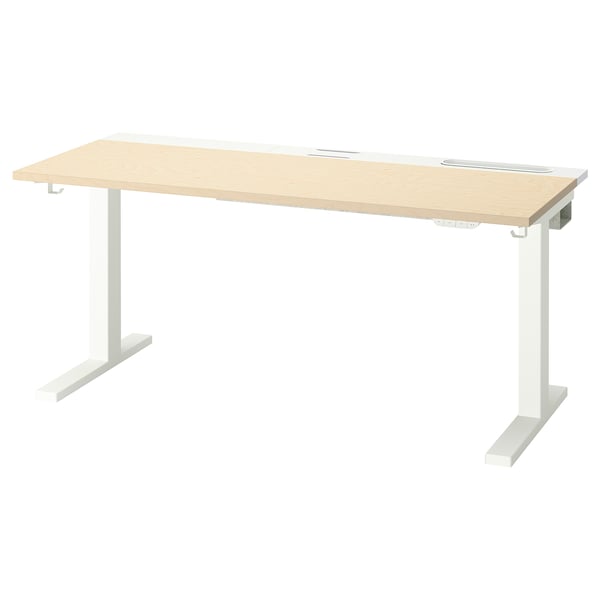 MITTZON Schreibtisch, helle Holzplatte, weiße Beine, höhenverstellbar, modernes, minimalistisches Design.