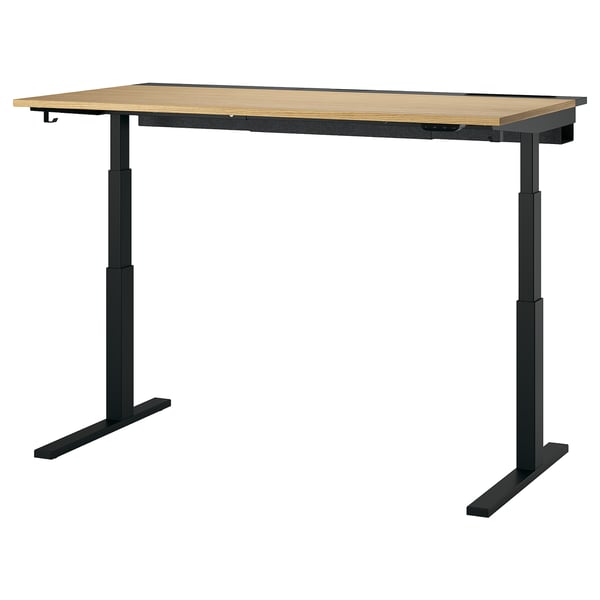 Verstellbarer Schreibtisch MITTZON: schwarze Metallbeine, Holzplatte, rechteckiges, ergonomisches Design mit zwei Motoren.