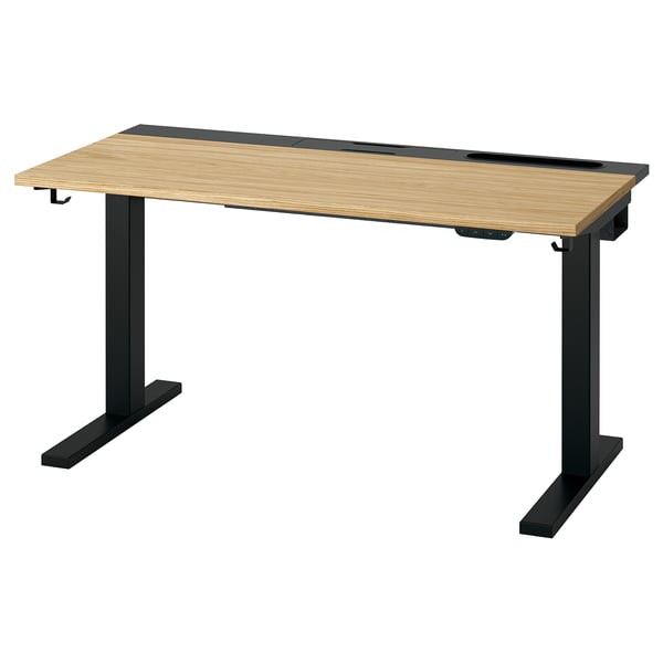 MITTZON Schreibtisch, Platte aus hellem Holz & Fußkreuz aus schwarzem Metall, höhenverstellbar.