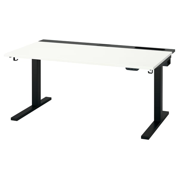 MITTZON verstellbarer Sitz-/Steh-Schreibtisch, schwarzer Sockel, weiße Platte, Handbedienung.