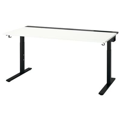 MITTZON Schreibtisch, modernes Design, weiße Platte, schwarze Beine, höhenverstellbar, ergonomische Arbeitsplatzlösung.