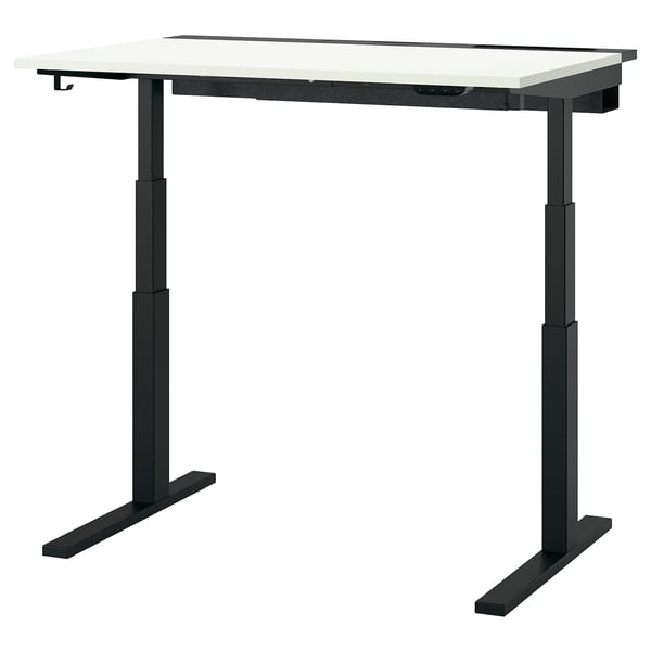 MITTZON schwarzer Sitz-Steh-Schreibtisch mit verstellbaren Beinen und Haken für Kopfhörer.