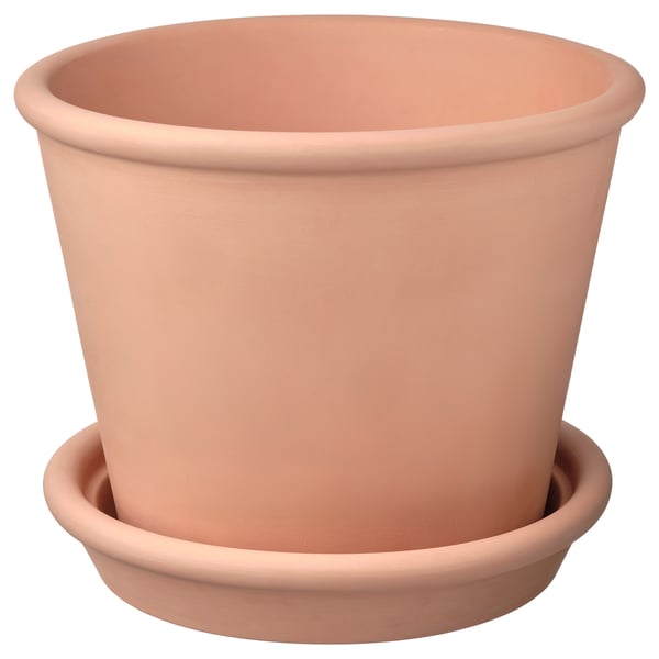 MUSKOTBLOMMA: Kleines Terrakotta-Pflanzgefäß mit Drainageuntersetzer. Klassisches zylindrisches Design.