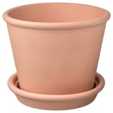MUSKOTBLOMMA: Kleines Terrakotta-Pflanzgefäß mit Drainageuntersetzer. Klassisches zylindrisches Design.