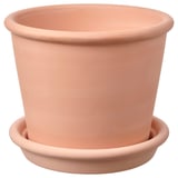 Runder Terrakotta-Pflanzkübel mit Untertasse. Frostbeständige, abgetropfte, rote Tonerde, glatte Oberfläche.