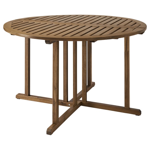 NÄMMARÖ runder Tisch für den Außenbereich, braun gebeiztes Akazienholz, robuste und soziale Form.