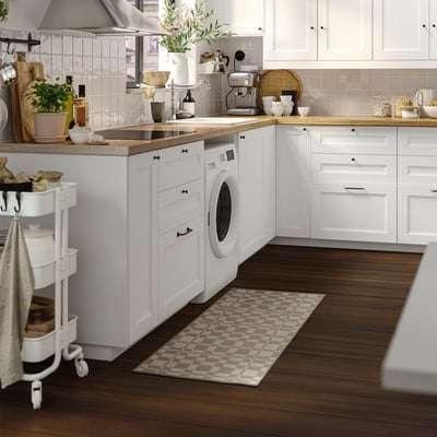 NATTÅG beige rechteckiger Teppich, kariertes Design, recyceltes Polyester.