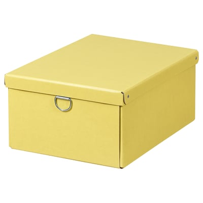 Eine gelbe NIMM Aufbewahrungsbox mit Deckel und Henkel aus recycelter Pappe.
