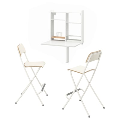 Minimalistisches weißes, faltbares Esszimmerset mit Aufbewahrungseinheit und 2 Stühlen.