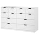 Ikea NORDLI weiße Kommode mit 6 Schubladen. Sauberer moderner Look, quadratische Form, schwarze Griffe. Hergestellt aus Faserplatten und Spanplatten.