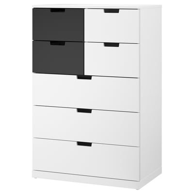 NORDLI Kommode mit 6 Schubladen, dunkel- und hellgrau, schwarze Griffe, moderner Minimalismus.