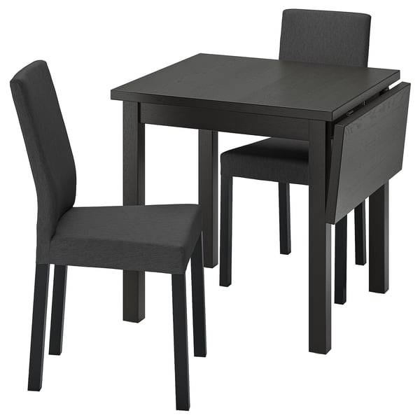 NORDVIKEN Esstisch mit schwarzem Klappblatt und 2 Stühlen. Schlankes, modernes Design aus dunklem Holz und Stoff.