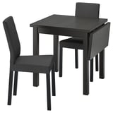 NORDVIKEN Esstisch mit schwarzem Klappblatt und 2 Stühlen. Schlankes, modernes Design aus dunklem Holz und Stoff.