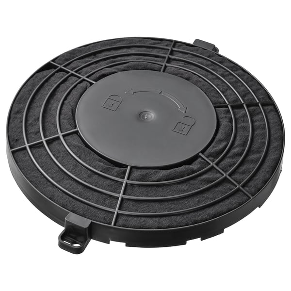 Schwarzer kreisförmiger Aktivkohlefilter für Dunstabzugshaube von IKEA.