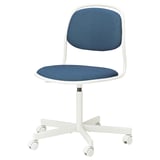 Ein ÖRFJÄLL Bürostuhl, blau mit weißem Gestell und Rädern, mit gepolstertem Sitz und gepolsterter Rückenlehne, verstellbarer Höhe und Stoffbezug.