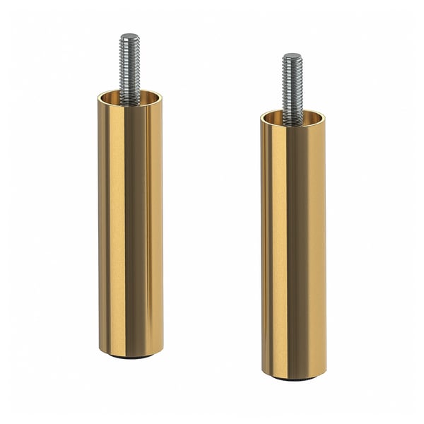 Zwei goldene zylindrische Metallbeine mit Gewindeplatten.