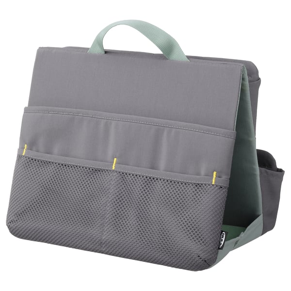 Grauer Mesh-Organizer mit Griff, der für den Transport von Schulsachen konzipiert ist.