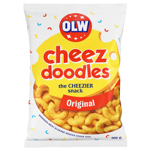 Olw Cheez Doodles Tasche, Käse-Puffs mit originellem Geschmack, 160g, leuchtend gelbe Verpackung.