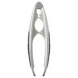 Silberfarbener metallischer Nussknacker mit schwarzem Griff.