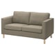 Moderne graue Tweed-Couch mit zwei Wurfkissen, Holzbeinen, schlankem Design.