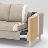 Sofa mit Querschnitt mit Schichten: Stoff, Schaumstoff, Spanplatten, Stahl, Holzbeine.