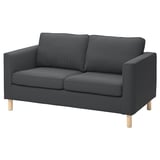 Kleine graue Couch, PÄRUP, schlank & bequem, Holzbeine, gestreifter Stoff.