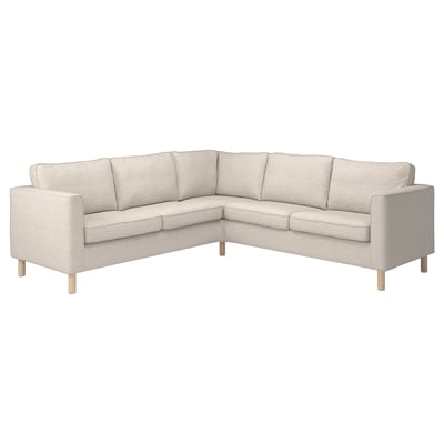 Modernes graues L-förmiges Sofa, PÄRUP, schlankes Design, Holzbeine, minimalistisch, Kissen, waschbarer Bezug