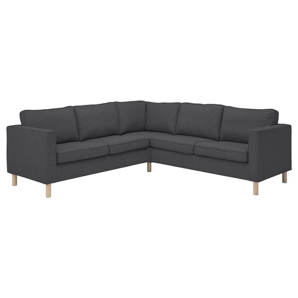 Modernes graues Sektionssofa mit schlankem Design und Holzbeinen.