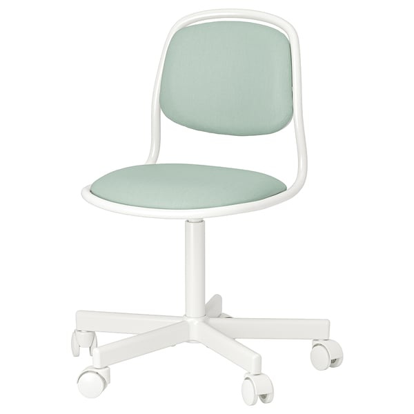 PÅHL/ÖRFJÄLL Kinderstuhl, hellgrün, weißes Gestell, gepolsterter Sitz und Rückenlehne.