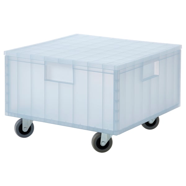 Pan Sartax Box, hellblau, halbtransparent, quadratisch, auf 4 Rädern.