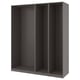 Ein Ikea PAX Schrankrahmen in Dunkelgrau mit einem schlanken, rechteckigen Design und drei offenen Fächern.