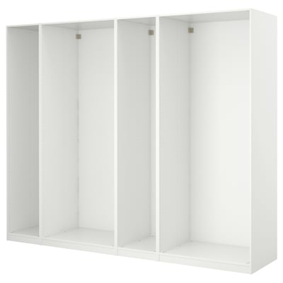 Weißer PAX-Kleiderschrank mit leeren Fächern, modernem Design und verstellbaren Füßen.