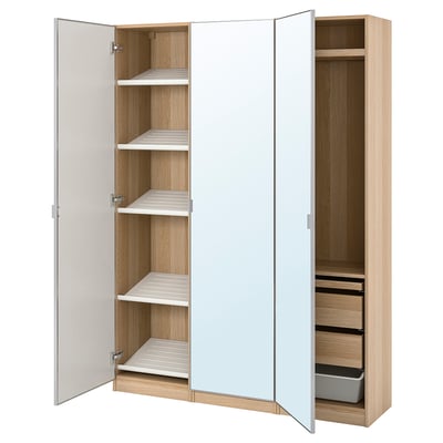 Beigefarbener Kleiderschrank mit verspiegelten Einlegeböden und Schubladen