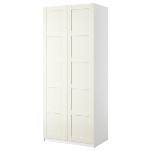 Ein weißer PAX-Kleiderschrank mit zwei Flügeltüren in einem schlanken, minimalistischen Design.