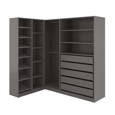 PAX-Kleiderschrank, grau, L-Form, Metall und Spanplatte, modulare Ablagefächer und Schubladen.