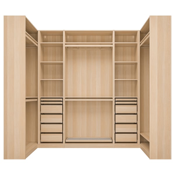 Ein Holzschrank namens PAX mit Regalen, Schubladen und Hängefläche.